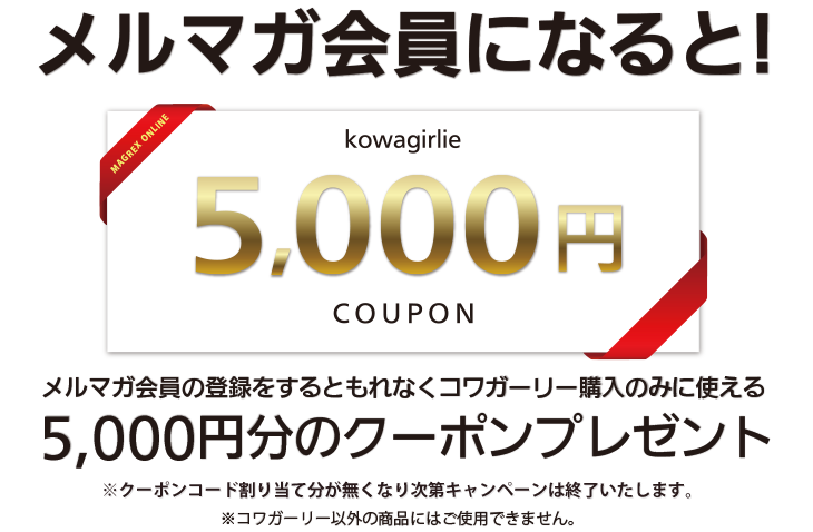 メルマガ会員になるともれなくコガーリーの購入のみに使える5,000円分のクーポンをプレゼント。コワガーリー以外の商品にはご使用できません。