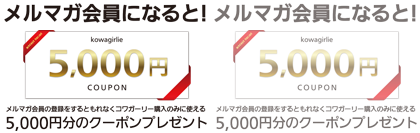 メルマガ会員になるともれなくコガーリーの購入のみに使える5,000円分のクーポンをプレゼント。コワガーリー以外の商品にはご使用できません。