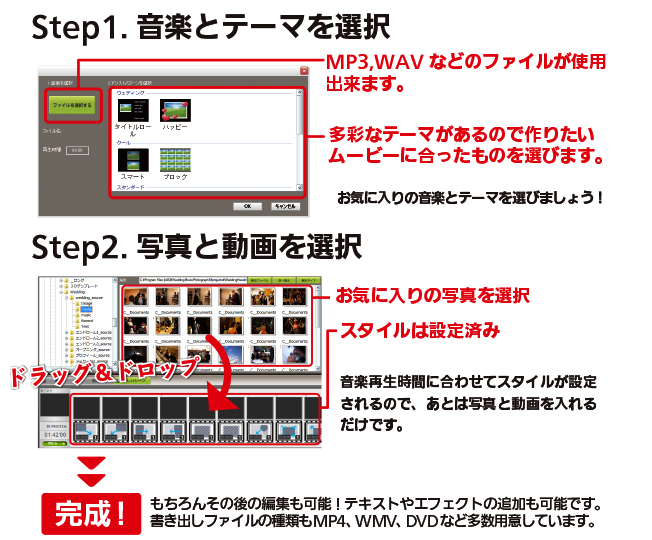 かんたんアシストで最短2ステップでフォトムービー作成! かんたんアシストで最短2ステップでフォトムービー作成!